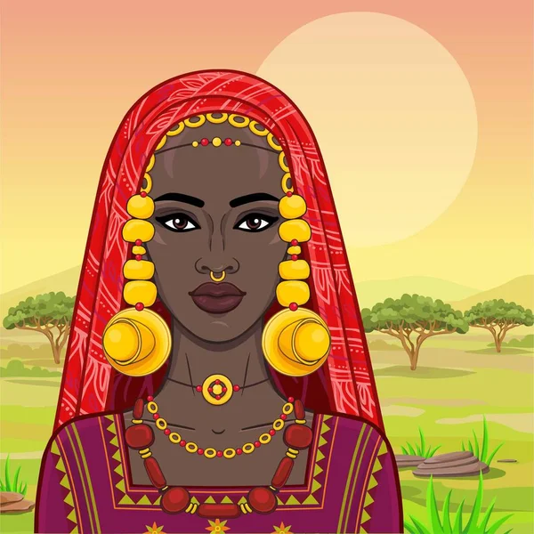 Porträtt Den Vackra Afrikanska Kvinnan Gamla Kläder Och Smycken Savanna — Stock vektor