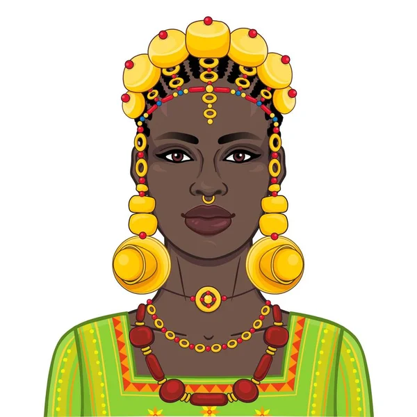 Portrait Animation Belle Femme Africaine Vêtements Anciens Bijoux Dessin Couleur — Image vectorielle