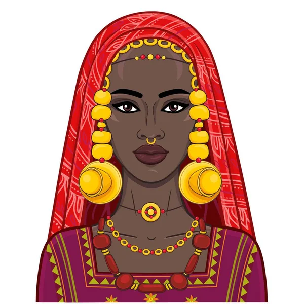 Retrato Animación Hermosa Mujer Africana Ropa Antigua Joyas Dibujo Color — Vector de stock