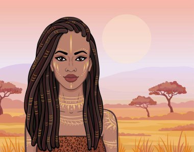 Animasyon antik giysili güzel Afrikalı kız portresi. Savana prenses. Arka plan - çöl bir manzara. Vektör çizim.