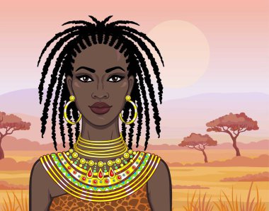 Animasyon antik giysili güzel Afrikalı kız portresi. Savana prenses. Arka plan - çöl bir manzara. Vektör çizim.
