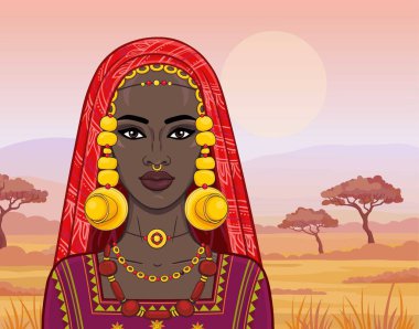 Animasyon antik giysili güzel Afrikalı kız portresi. Savana prenses. Arka plan - çöl bir manzara. Vektör çizim.
