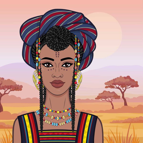 Animation portrait of the beautiful African woman  in a turban. Savanna princess, Amazon, nomad. Background - a landscape the desert.  Vector illustration.