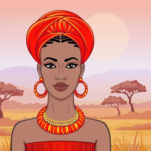 戴头巾的美丽非洲女人的动画肖像 萨凡娜公主 亚马逊 游牧民族 沙漠的风景 向量例证 — 图库矢量图片