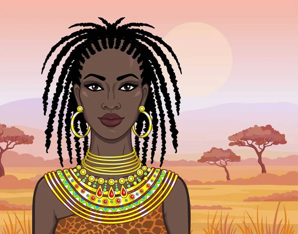 Portrait Animation Belle Fille Africaine Vêtements Anciens Princesse Savane Contexte — Image vectorielle