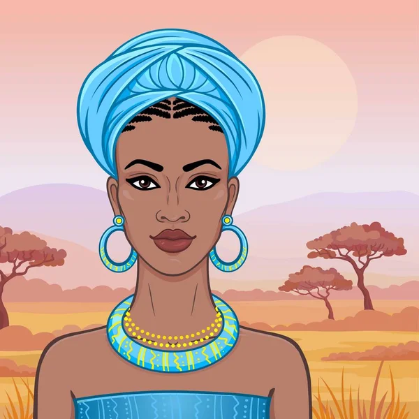 Animation Πορτρέτο Του Όμορφη Αφρικανική Γυναίκα Ένα Τουρμπάνι Σαβάνα Πριγκίπισσα — Διανυσματικό Αρχείο