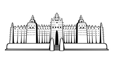 Afrika mimarisi. Cami Clay. Beyaz bir arka plan üzerinde izole tek renkli çizim. Vektör çizim.