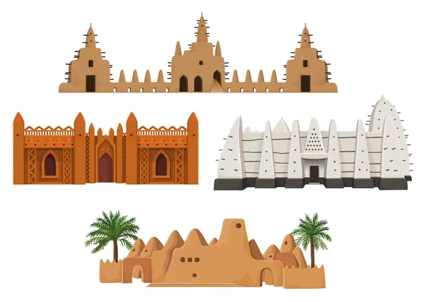 Conjunto Edificios Arquitectura Africana Casa Mezquita Antigua Morada Dibujo Color — Vector de stock