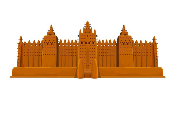 African Architecture. The mosque from clay. The color drawing isolated on a white background. Vector illustration.