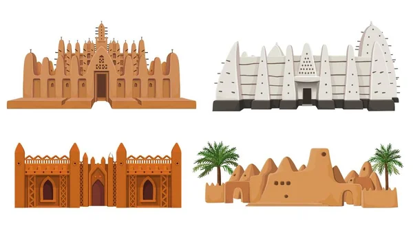 Conjunto Edificios Arquitectura Africana Casa Mezquita Antigua Morada Dibujo Color — Vector de stock