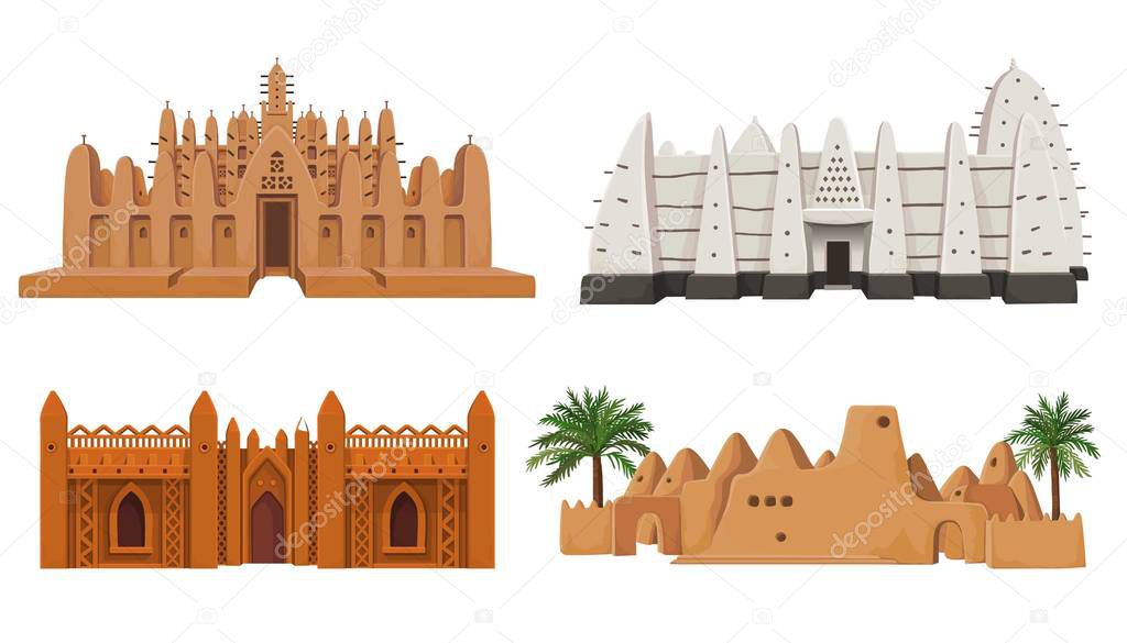 Set of buildings African architecture. House, mosque, ancient dwelling. Color drawing isolated on a white background. Vector illustration.