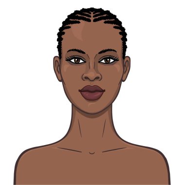 Animasyon genç güzel Afrikalı kız portresi. Çizim rengi. Şablon olarak kullanmak. Beyaz bir arka plan üzerinde izole vektör çizim.