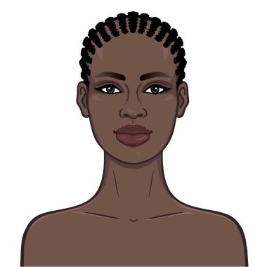Animasyon genç güzel Afrikalı kız portresi. Çizim rengi. Şablon olarak kullanmak. Beyaz bir arka plan üzerinde izole vektör çizim.