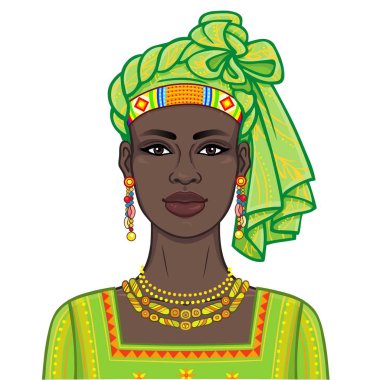 Animasyon eski giysiler ve türban güzel Afrikalı kadın portresi. Çizim rengi. Beyaz bir arka plan üzerinde izole vektör çizim. Baskı, poster, tişört, kart.