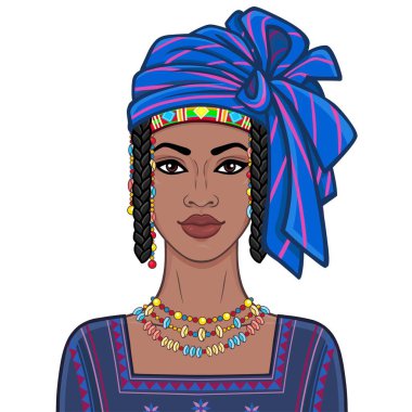 Animasyon eski giysiler ve türban güzel Afrikalı kadın portresi. Çizim rengi. Beyaz bir arka plan üzerinde izole vektör çizim. Baskı, poster, tişört, kart.