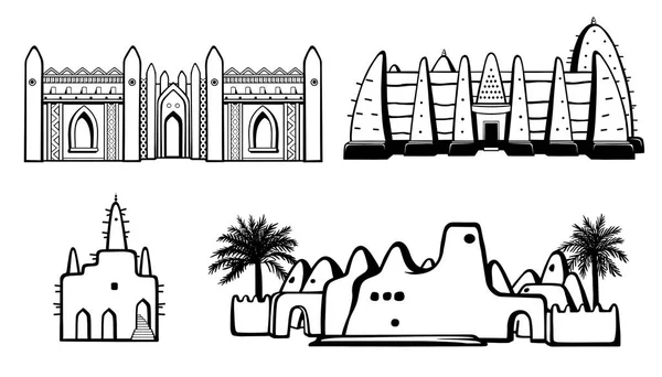 Conjunto Edificios Arquitectura Africana Casa Mezquita Antigua Morada Dibujo Monocromático — Vector de stock