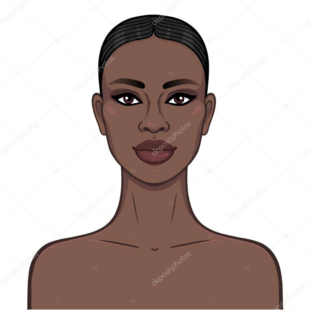 Animation portrait of the young beautiful African girl. Color drawing. Template for use. Vector illustration isolated on a white background.