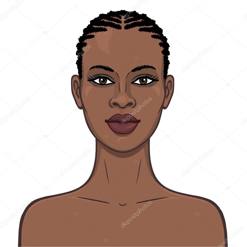 Animation portrait of the young beautiful African girl. Color drawing. Template for use. Vector illustration isolated on a white background.