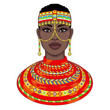 Animasyon eski giysiler ve takılar güzel Afrikalı kadın portresi. Çizim rengi. Beyaz bir arka plan üzerinde izole vektör çizim. Baskı, poster, tişört, kart.