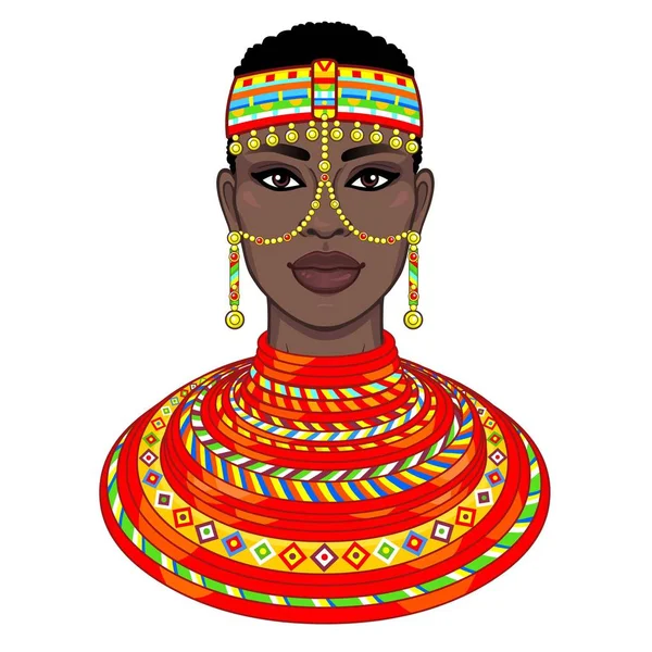 Animation Porträtt Den Vackra Afrikanska Kvinnan Gamla Kläder Och Smycken — Stock vektor