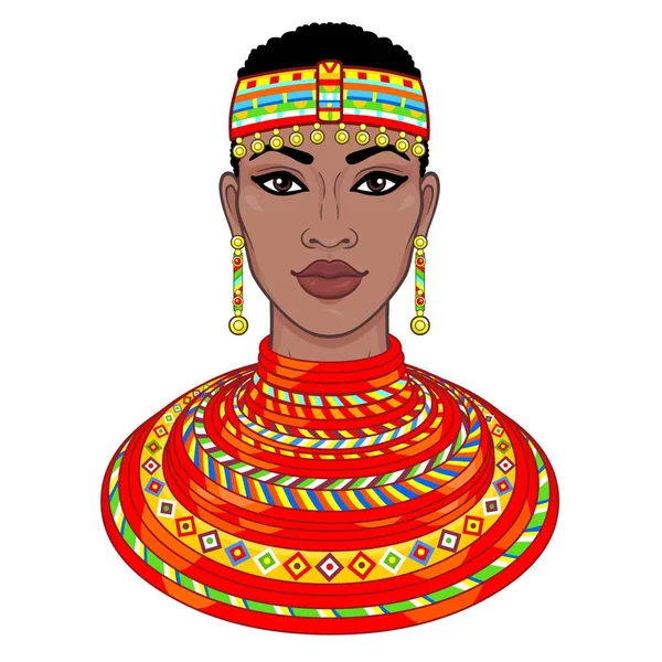 Animasyon eski giysiler ve takılar güzel Afrikalı kadın portresi. Çizim rengi. Beyaz bir arka plan üzerinde izole vektör çizim. Baskı, poster, tişört, kart.