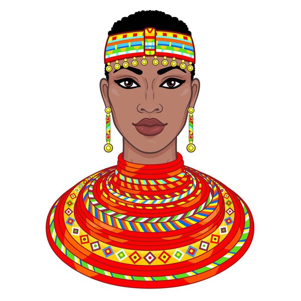 Animation portrait of the beautiful African woman in ancient clothes and jewelry. Color drawing. Vector illustration isolated on a white background. Print, poster, t-shirt, card.