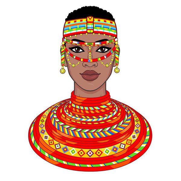 Animation portrait of the beautiful African woman in ancient clothes and jewelry. Color drawing. Vector illustration isolated on a white background. Print, poster, t-shirt, card.