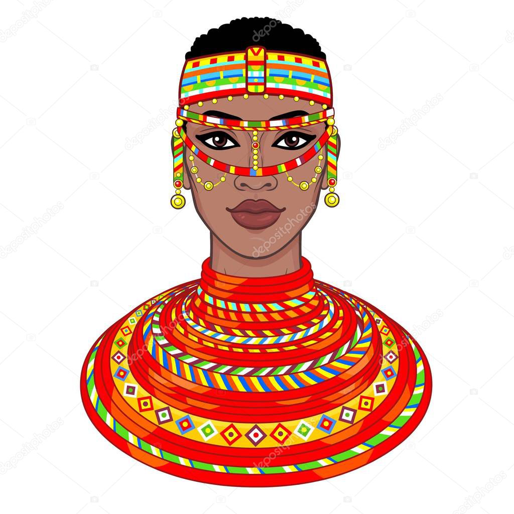 Animation portrait of the beautiful African woman in ancient clothes and jewelry. Color drawing. Vector illustration isolated on a white background. Print, poster, t-shirt, card.