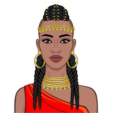 Animasyon eski giysiler ve takılar güzel Afrikalı kadın portresi. Amazon, savaşçı, Prenses. Çizim rengi. Beyaz bir arka plan üzerinde izole vektör çizim. Baskı, poster, tişört. 