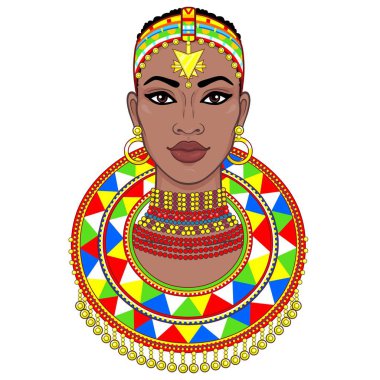 Animasyon eski giysiler ve takılar güzel Afrikalı kadın portresi. Çizim rengi. Beyaz bir arka plan üzerinde izole vektör çizim. Baskı, poster, tişört, kart.