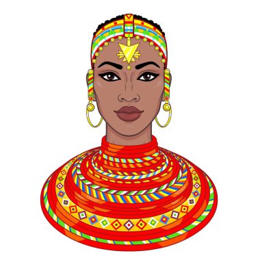 Animasyon eski giysiler ve takılar güzel Afrikalı kadın portresi. Çizim rengi. Beyaz bir arka plan üzerinde izole vektör çizim. Baskı, poster, tişört, kart.