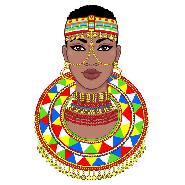 Animation portrait of the beautiful African woman in ancient clothes and jewelry. Color drawing. Vector illustration isolated on a white background. Print, poster, t-shirt, card.
