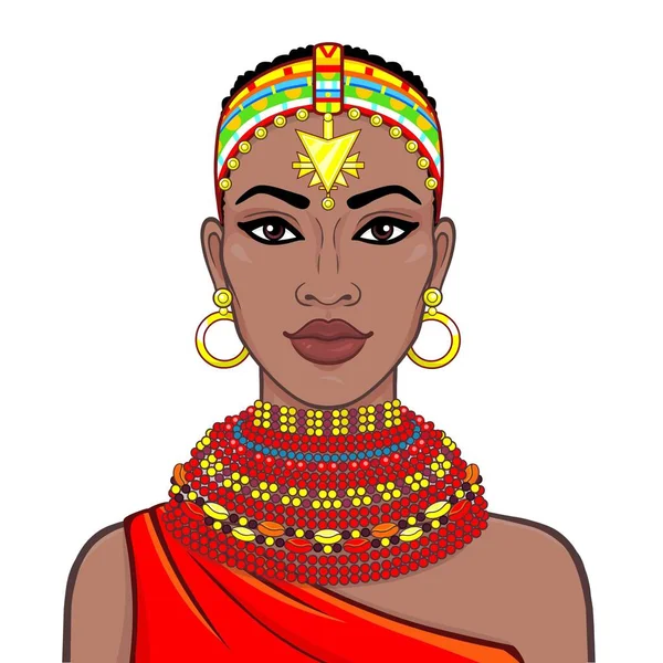 Animasyon eski giysiler ve takılar güzel Afrikalı kadın portresi. Çizim rengi. Beyaz bir arka plan üzerinde izole vektör çizim. Baskı, poster, tişört, kart.