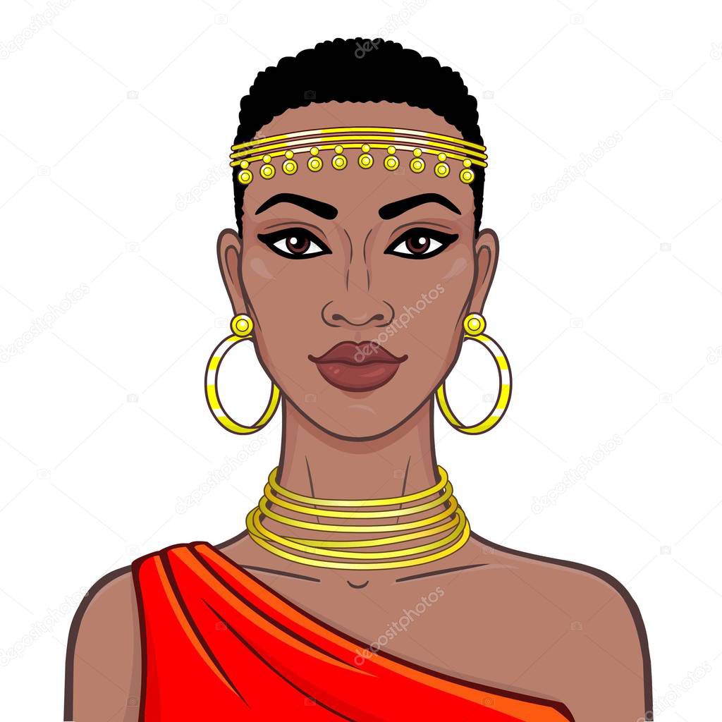 Animation portrait of the beautiful African woman in ancient clothes and jewelry. Amazon, warrior, princess. Color drawing. Vector illustration isolated on a white background. Print, poster, t-shirt. 