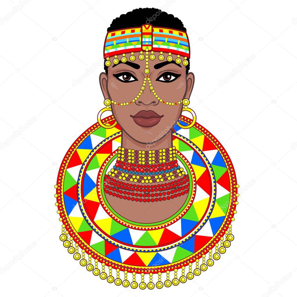 Animation portrait of the beautiful African woman in ancient clothes and jewelry. Color drawing. Vector illustration isolated on a white background. Print, poster, t-shirt, card.