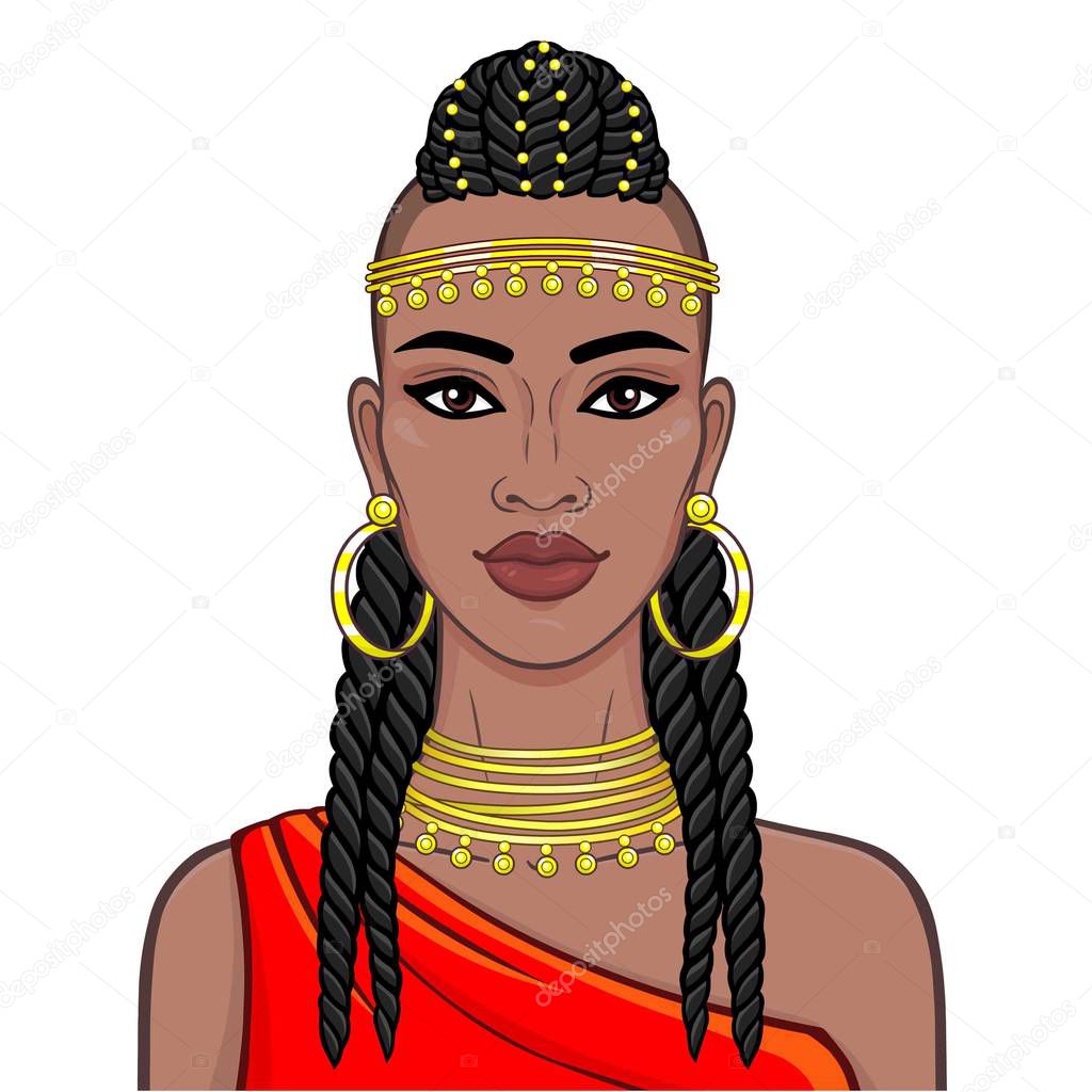 Animation portrait of the beautiful African woman in ancient clothes and jewelry. Amazon, warrior, princess. Color drawing. Vector illustration isolated on a white background. Print, poster, t-shirt. 