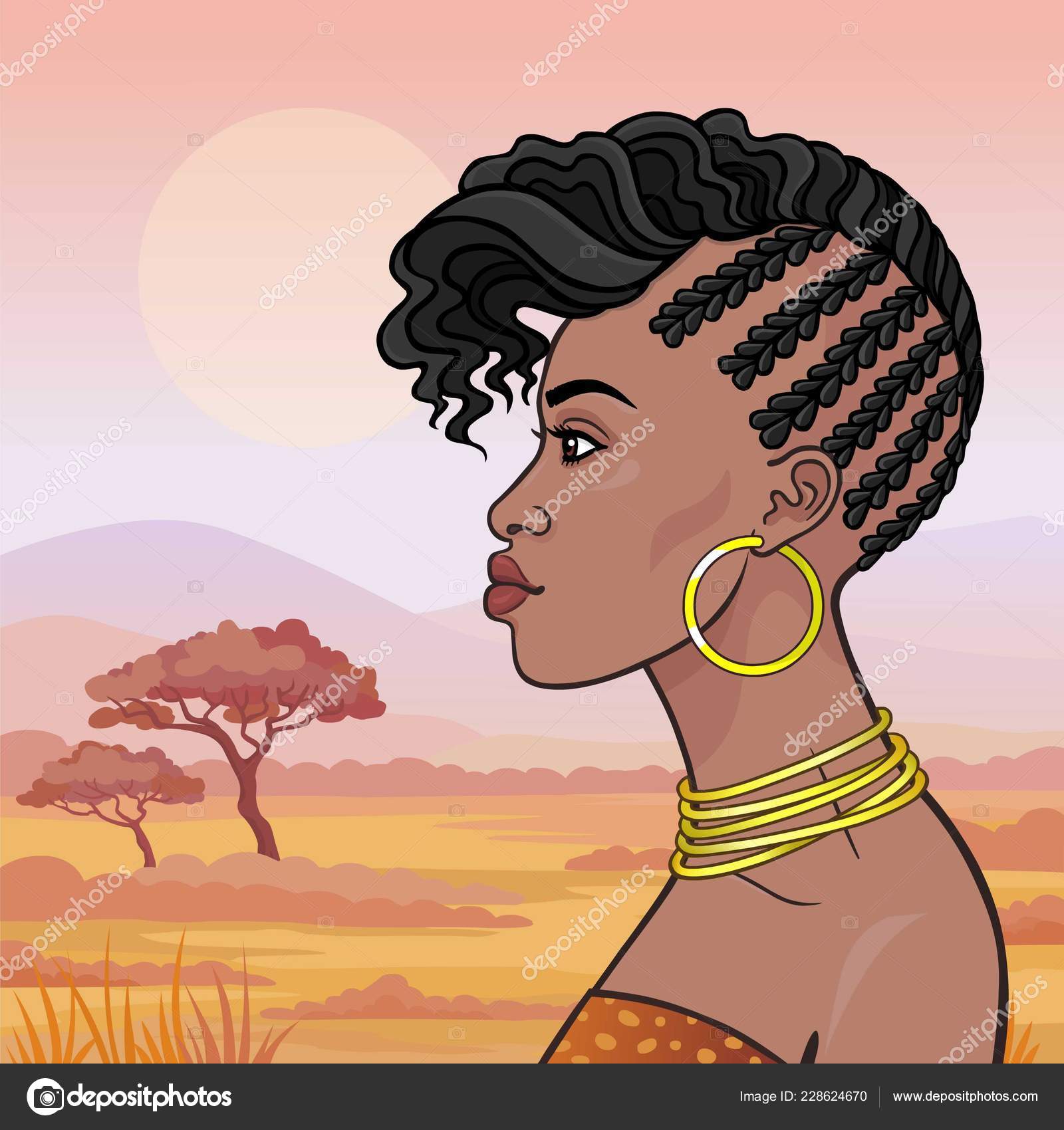 Image vectorielle Portrait D'animation Jeune Belle Femme Africaine  Vêtements Anciens Bijoux Vue par ©Roomyana - 228624670, image size:1600x1700