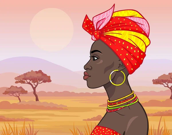 Portrait Animation Jeune Belle Femme Africaine Vêtements Anciens Bijoux Vue — Image vectorielle