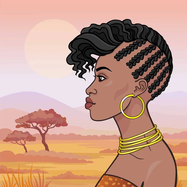 Portrait Animation Jeune Belle Femme Africaine Vêtements Anciens Bijoux Vue — Image vectorielle