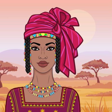 Animasyon sarık ve eski giysiler güzel Afrikalı kadın portresi. Arka plan - bir manzara savana, günbatımı, dağlar. Vektör çizim. 