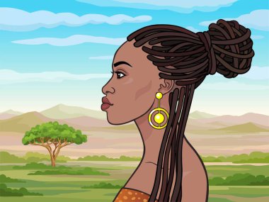 Animasyon bir dreadlocks güzel Afrikalı kız portresi. Profil görünümü. Çizim rengi. Arka plan - bir manzara savana, dağlar. Vektör çizim. 