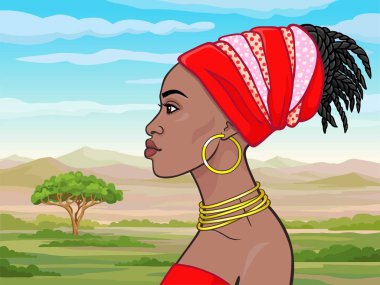 Animasyon bir türban güzel Afrikalı kız portresi. Profil görünümü. Çizim rengi. Arka plan - bir manzara savana, dağlar. Vektör çizim. 
