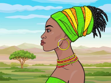 Animasyon bir türban güzel Afrikalı kız portresi. Profil görünümü. Çizim rengi. Arka plan - bir manzara savana, dağlar. Vektör çizim. 