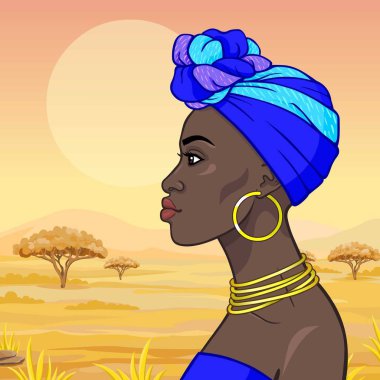 Animasyon eski giysiler ve takılar genç güzel Afrikalı kadın portresi. Profil görünümü. Çizim rengi. Arka plan - bir manzara savana. Vektör çizim. 