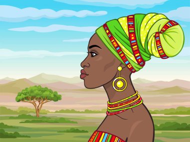 Animasyon bir türban güzel Afrikalı kız portresi. Profil görünümü. Çizim rengi. Arka plan - bir manzara savana, dağlar. Vektör çizim. 