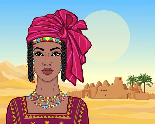 Animation portrait of the beautiful African woman in a turban and ancient clothes. Background - a landscape the desert, oasis, the old building the temple.Vector illustration. 