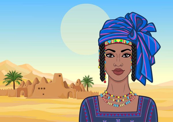 Animation portrait of the beautiful African woman in a turban and ancient clothes. Background - a landscape the desert, oasis, the old building the temple.Vector illustration. 