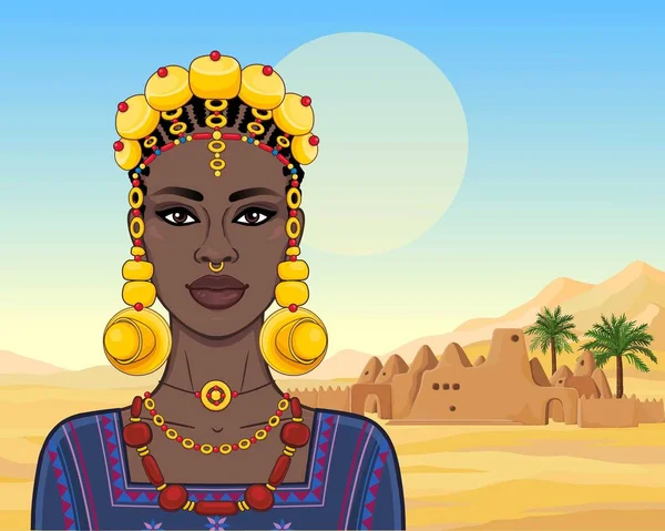 动画肖像美丽的非洲女人在古代服装和珠宝 风景沙漠 老大厦寺庙 向量例证 — 图库矢量图片