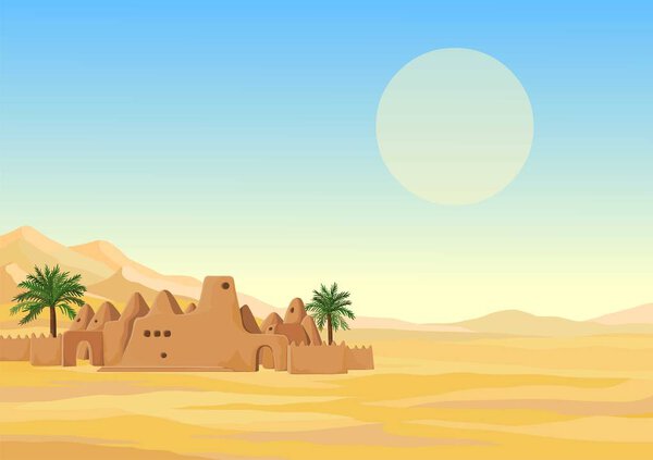 Decorative landscape - desert, African ancient mosque. Place for text. Vector illustration. 