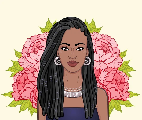 アニメーションの美しい黒人女性 花の花輪の肖像画 カラー描画します ベクター画像は ベージュ色の背景に分離します ポスター シャツ カード — ストックベクタ